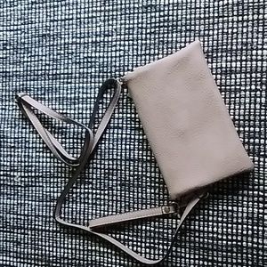 Mauve clutch with wristlet and cross body strap